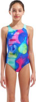 Купальник закритий для дівчат Arena SPRAY PAINT SWIMSUIT SWIM PRO синій, рожевий, жовтий дитячий 128 см (010286-740) 010286-740